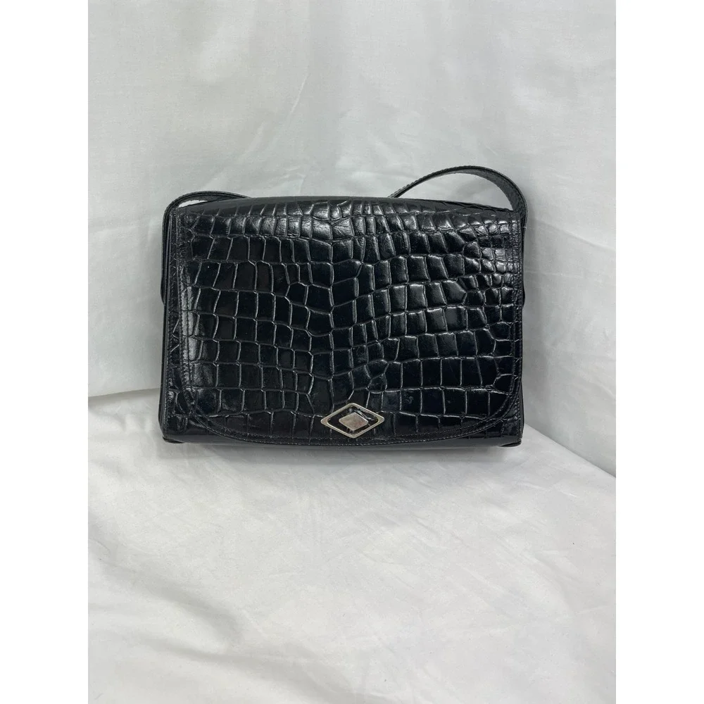 Vintage Crocodile Leather Handbag with ,Gold Hardware,Leather Inside, Black‎
